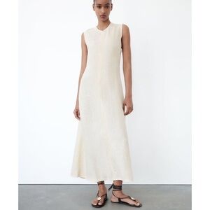 Zara, worn once, XS, Woman’s A-line Dress, Ivory, Linen, Frayed Sleeveless, Maxi